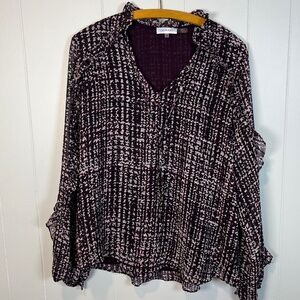 Calvin Klein sz L Feminine Chic Sheer Long Sleeve Ruffle V Neck Blouse Purple